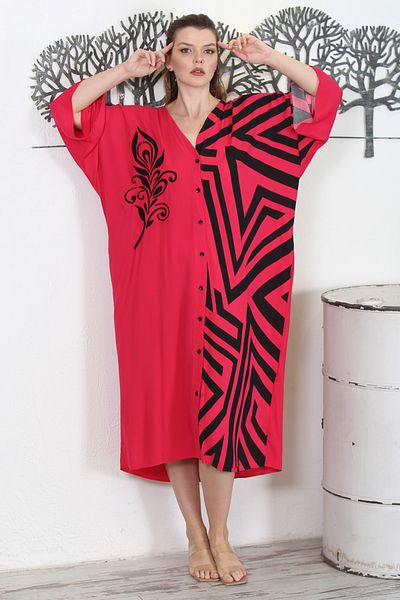 Chiccy Φούξια με κέντημα με λαιμόκοψη με στάμπα - Oversize casual φόρεμα με κρυφή τσέπη