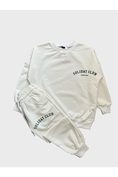 ALİŞ KİDS Ecru Green Children's Tracksuit Set - Cotton, Text Pattern, Pocket and Elastic Waist