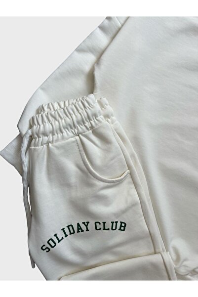 ALİŞ KİDS Ecru Green Children's Tracksuit Set - Cotton, Text Pattern, Pocket and Elastic Waist