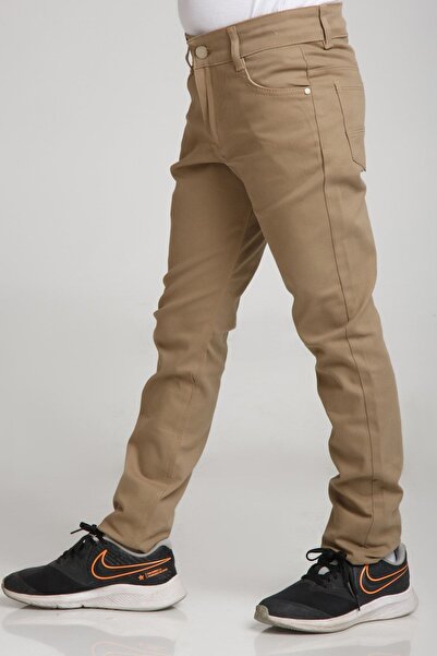 Dragora Spor Model Bej Likralı Canvas Okul Pantolon Gizli Bel Lastikli