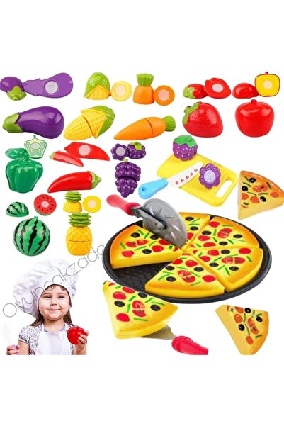 Depomiks Avm Minik Şef Mutfak Seti 24 Pcs Kesilebilir Meyve Sebze Ve 16 Parça Aksesuarlı Tepsili Pizza Oyuncak