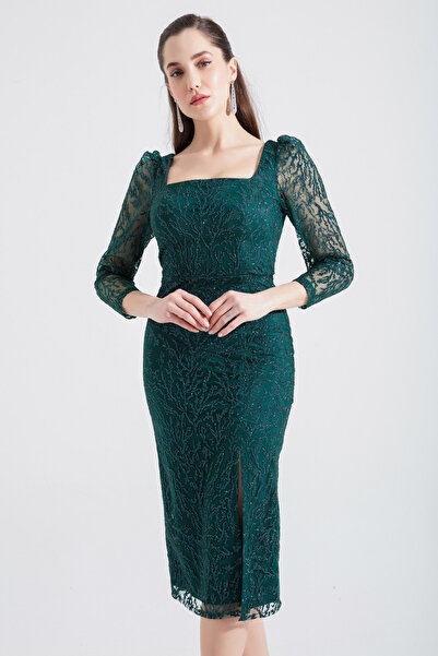 Lafaba Women's Emerald Green Square Neck Silvery Midi Evening Dress