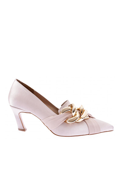 DGN حذاء نسائي بكعب عالٍ ومقدمة مدببة وسلسلة متقاطعة من الساتان البيج 282221085