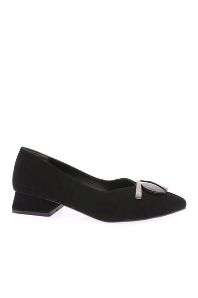 DGN Women's Pointed Toe Front Round Metal Detail Buckle Low Heel Shoes Black Velvet 211232328