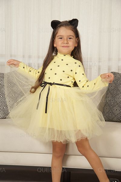 QUESHMA Bebeluș Fetă Copil Prințesă Rochie Tutu Pufoasă Buline Mânecă Lungă Lycra Flexibil Galben