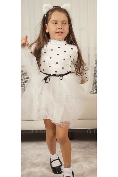 QUESHMA Λευκό πουά Princess Fluffy Tutu φόρεμα - Παιδικό κοριτσάκι με ελαστικό και μακρύ μανίκι