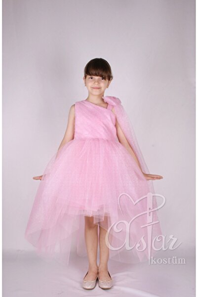 Astar Kostüm Pembe simli drapeli tek omuz kız çocuk Barbie Kostüm