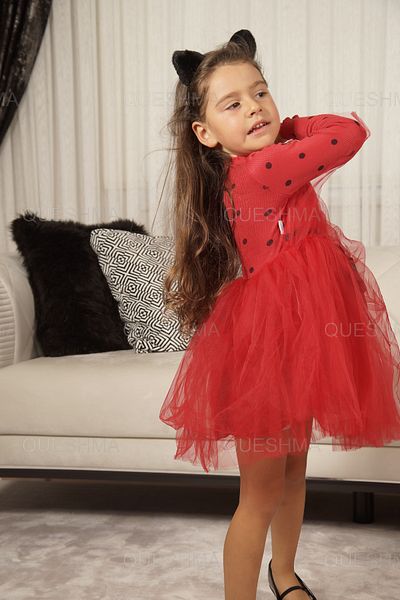 QUESHMA Bebeluș Fetă Copil Prințesă Rochie Tutu Pufoasă Buline Mânecă Lungă Lycra Flexibil Roșu