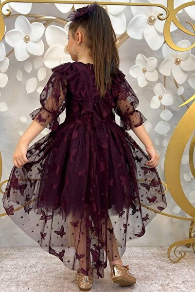 Riccotarz Κοριτσίστικο φόρεμα με σχέδιο πεταλούδας, διαφανές, λεπτομερές δαμάσκηνο φόρεμα με ουρά