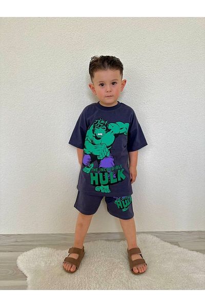 JELİBOOM Marvel Hulk Detail Printed Gray Kids Shorts Set 100% Cotton