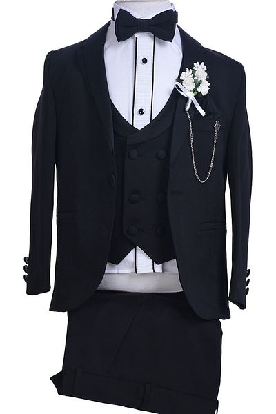 ceocuk Black Stand Collar Boy Suit with Black Jacket and Double Breasted Vest