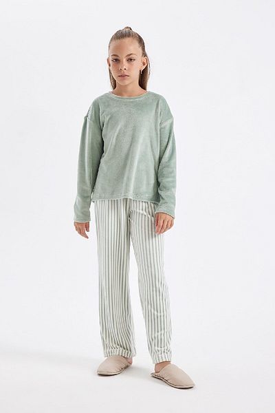 DeFacto Dívčí pyžamový set - fleece dlouhý rukáv, horní elastický pas, dlouhý spodní díl D1068A824Wn