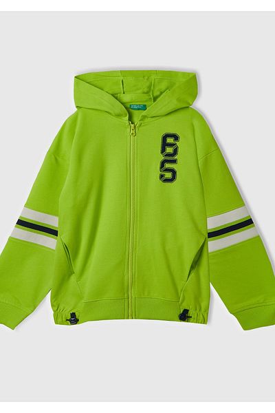 United Colors of Benetton Момчешки суитшърт с качулка в неоново зелено и голям размер с джоб