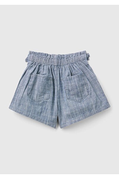 United Colors of Benetton Kız Çocuk Mavi Yama Cepli Beli Büzgülü Fiyonk Detaylı Pileli Denim Şort