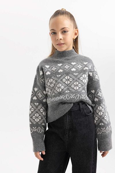 DeFacto Girl's Christmas Themed Crew Neck Knitwear Sweater B2666A823Wn