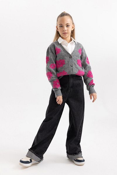 DeFacto V-Neck Floral Patterned Girl's Knitwear Cardigan - X9530A623Wn