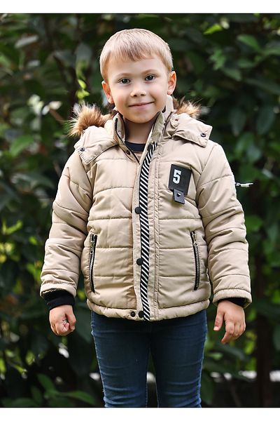 Mika Bebek & Çocuk 5 Embroidered Fur Hooded Pocket Zippered Boy's Beige Puffer Coat