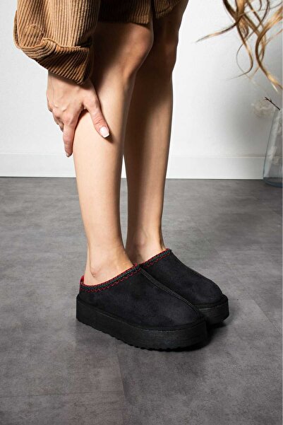 wense Black Suede Women's Slippers - Daily Closed Mat