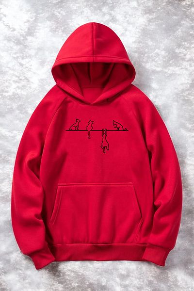 mw memowear Червен унисекс плетен суичър - повдигнати на 2 връзки, котки на връв