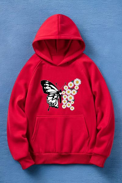 mw memowear Унисекс плетен суичър с шарки на червени цветя и пеперуди