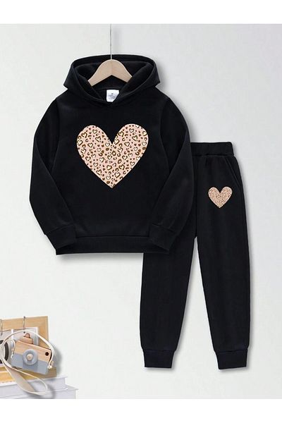 THEKONT Leopard Patterned Heart Hooded Cotton Tracksuit Set - Code:20244