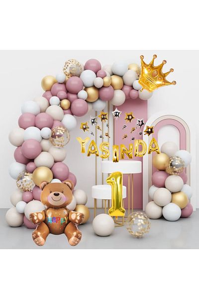 CUGY 1 Year Old Written King Crowned Pink Gold White Balloon Chain Set Birthday Decoration