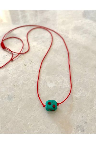 Atelier Çağla Murano Glass Spotted Green Cube Red Rope Necklace