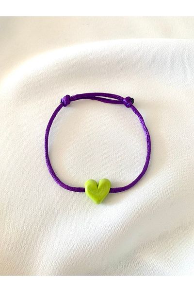 Atelier Çağla Pistachio Green Heart Purple Rope Bracelet with Murano Glass Beads