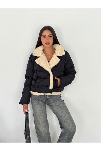 diaves Black Crop Coat - Women's Shoes with Double Pockets and Fur Inside