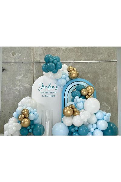 eğlencemarketi Chrome Gold 100 Pieces - Deep Ocean Macaron Blue and Pastel White Balloon Chain