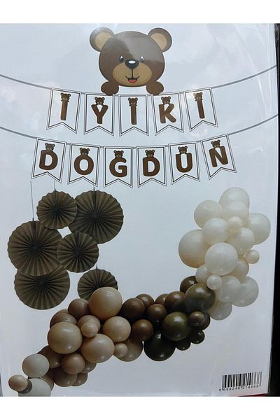 eğlencemarketi Brown Happy Birthday Banner - with Teddy Bear