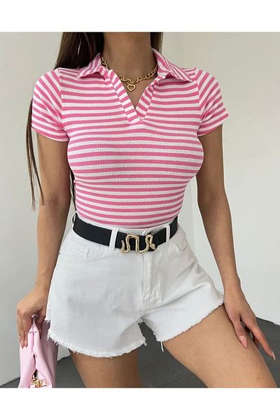 Nisa Luxury Boutique Γυναικεία Crop Μπλούζα Polo Neck ριγέ - Καμιζόλα