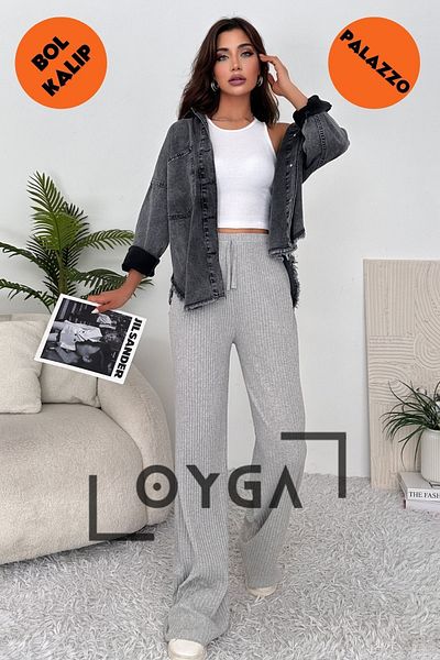 Oyga ملابس نسائية مضلعة بالازو - بنطال رياضي وبنطلون رمادي
