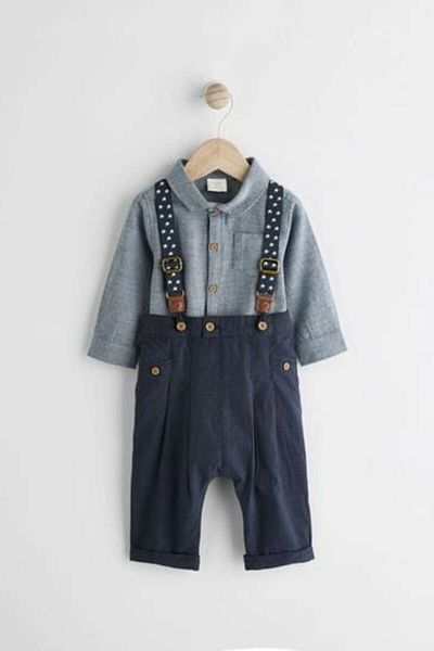 Next Baby 3 Piece Cotton Navy Blue Suspender Set - Smart Shirt and Trousers