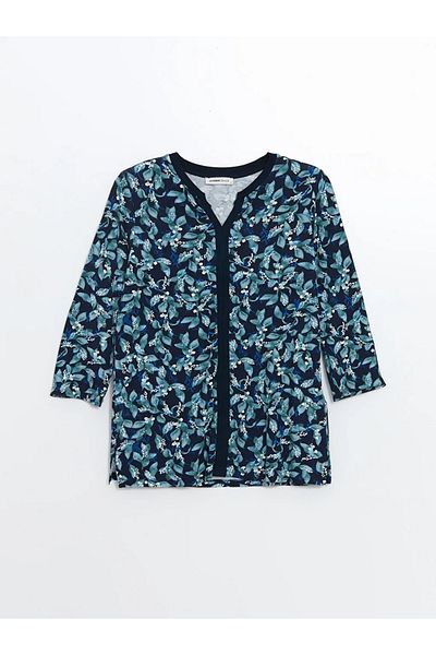 LC Waikiki LCW Grace - Γυναικεία μπλούζα με λαιμόκοψη σε μπλε ναυτικό λουλούδι