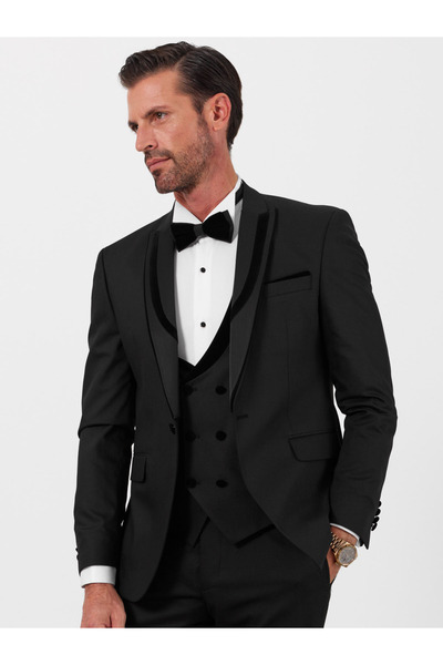 Terziayhan Erkek Yelekli Smokin Damatlık Kırlangıç Yaka İtalyan Kesim Slim Fit 021 Model