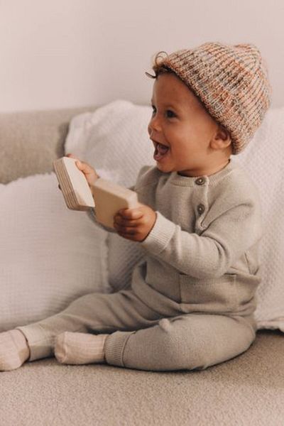 Next Baby Cotton Knitwear Beige Long Sleeve Top and Bottom Set
