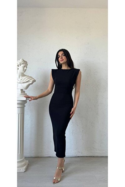 DEEFWEAR Kadın Ottoman Kumaş Slim Fit Bel Bölgesi Büzgülü Uzun Elbise