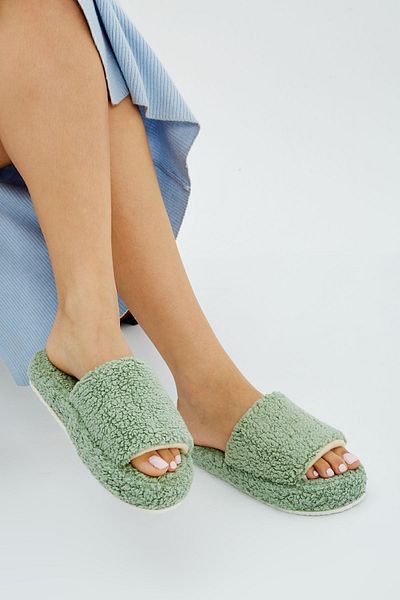 Moda Devrin Green Towel Open Front Silent Sole Winter House Slippers