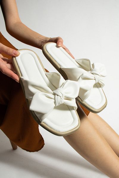 Moda Devrin Women's Slippers - White Bow Eva Sole, Pool Sea Beach - Design
