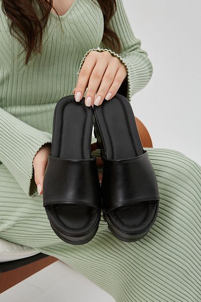 Moda Devrin Μαύρο δέρμα Flat Wedge Heeled Γυναικείες Παντόφλες Παντόφλες Ψηλής Σόλας