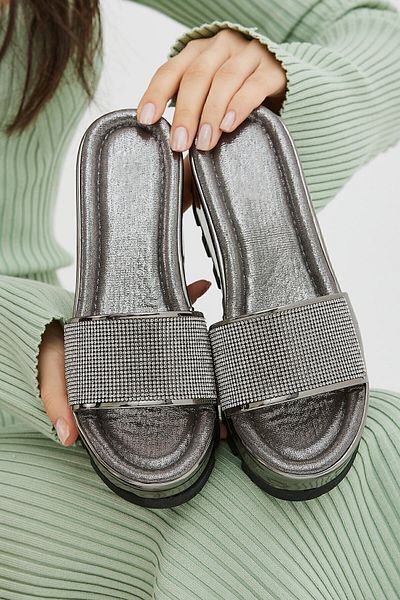 Moda Devrin Platinum Platinum Stone Flat Wedge Heeled Women's Slippers High Sole Slippers
