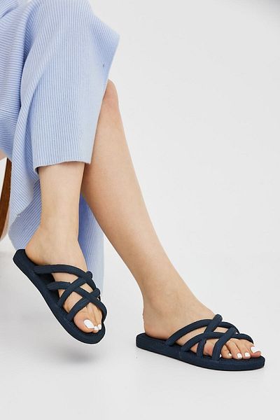 Moda Devrin Gz12494 Navy Blue Wicker Look Non-Slip Slippers Pool Sea Beach Slippers