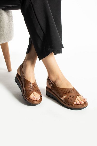 Moda Devrin Tan Cross Anatomical Comfortable Sole Adjustable Buckle Sandals