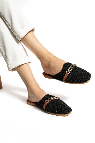 Moda Devrin Black Blunt Buckle Slippers - For Home and Outdoor