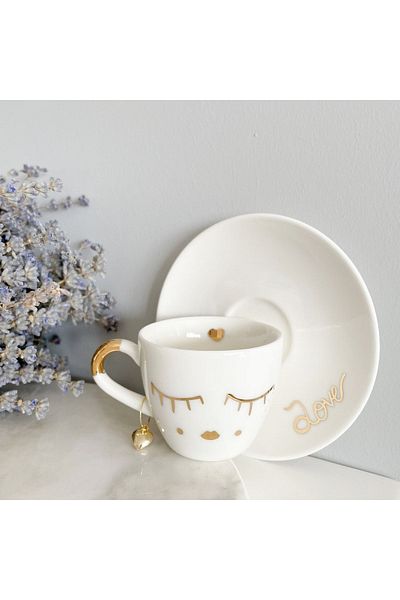 Mugtasarım 24k Gold Gilded Girl with Eyelashes Porcelain Turkish Coffee Cup-80cc