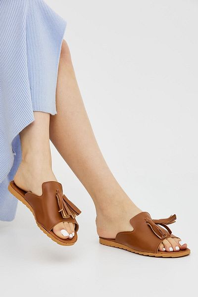 Moda Devrin Γυναικείες Παντόφλες Tan Tasseled Ανοιχτές Μπροστινές Παντόφλες εξωτερικού χώρου και σπιτιού