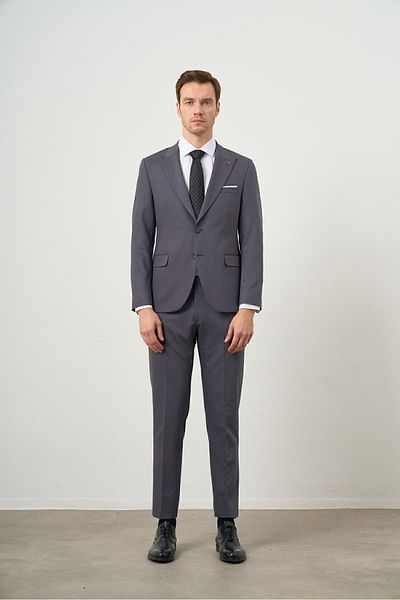 Morven Men's Anthracite Polyviscon Basic Plain Pattern Slim Fit Pointed Collar Suit