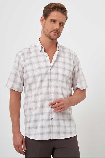 Morven Men's Beige Linen Checked Short Sleeve Regular Fit Shirt with Pockets