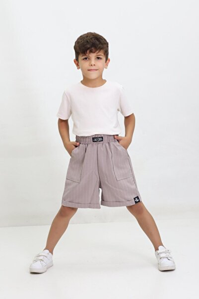 Kamex Çizgili Armalı Duble Paça Unisex Çocuk Şort Gri